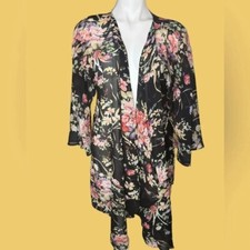 Black Bohemian Floral Sheer Open Drape Kimono Size Medium