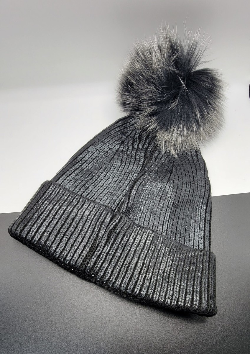 Glamourpuss NYC Embellished Metallic Knit Fox Fur Pom-Pom  display picture 3