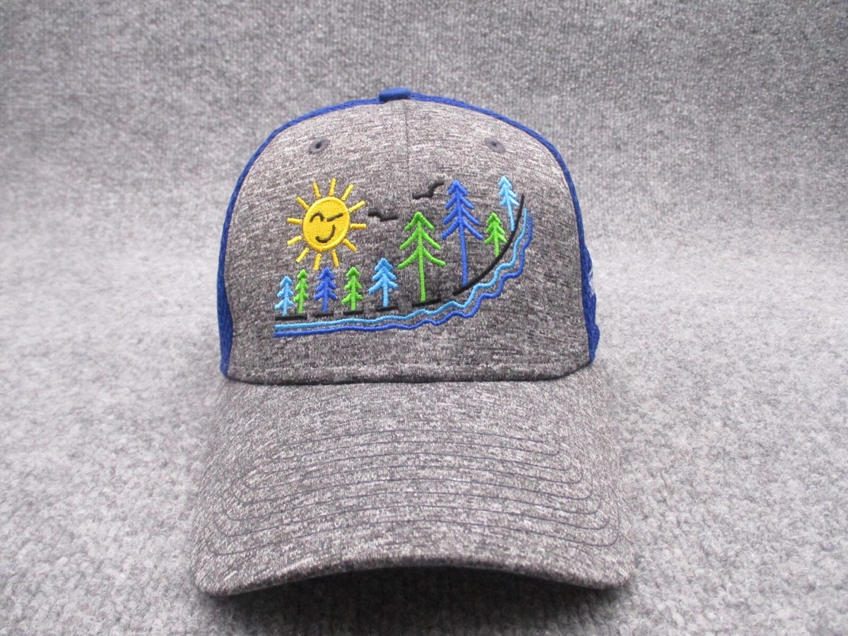 Sun Trees River Hat Cap Blue Gray Mens Medium Large Stretch New