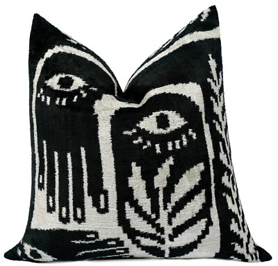 Handmade Velvet Throw Pillow with Black and White Abstract Eye Design - 20''X20''