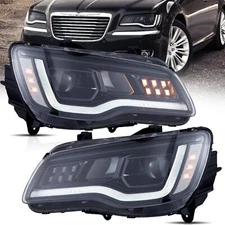 VLAND Pair Black LED Headlights For 2011-2015 Chrysler 300 W/Start-up Animation