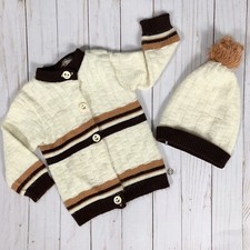 Vintage Baby Large Sweater Hat Set Brown Ivory Button Up Cardigan Playwear FLAW
