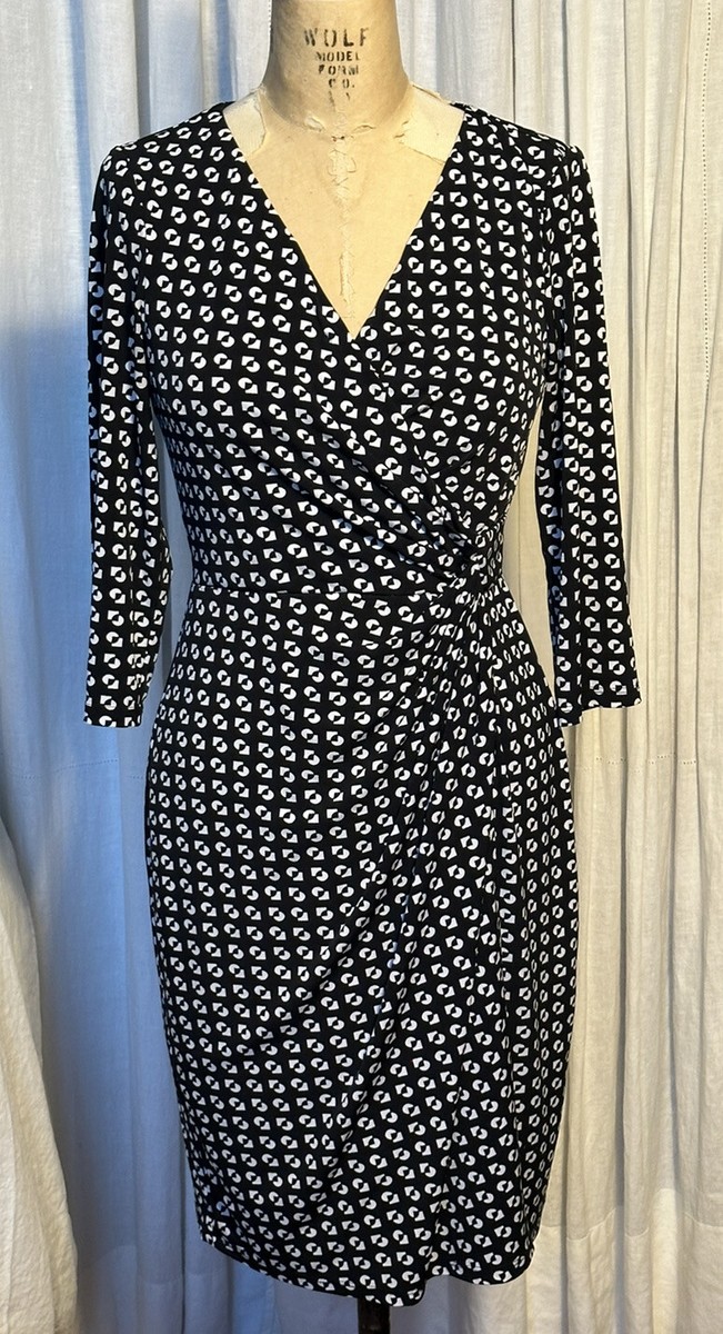 Maggy London Womens Blk/White Jersey 3/4 Sleeve Faux Wrap Dress Sz 6 Pre-owned