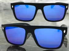 Men's Classic Vintage Retro Style SUNGLASSES Large Square Black Frame Blue Lens