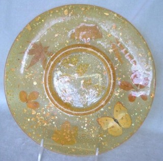 Vintage 60s MCM Thick Golden Lucite chip&dip 10" dish w/glitter butterfly leaves