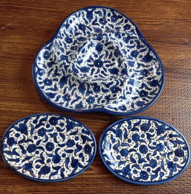 Armen Bazar Serving 1 Tray & 2 oval plates, White and blue Ceramic, Jerusalem