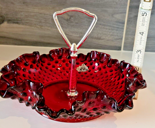 Piatto caramelle vintage Fenton Art vetro rosso piano cottura crimpato arruffato ciotola con manico - Foto 8 di 8