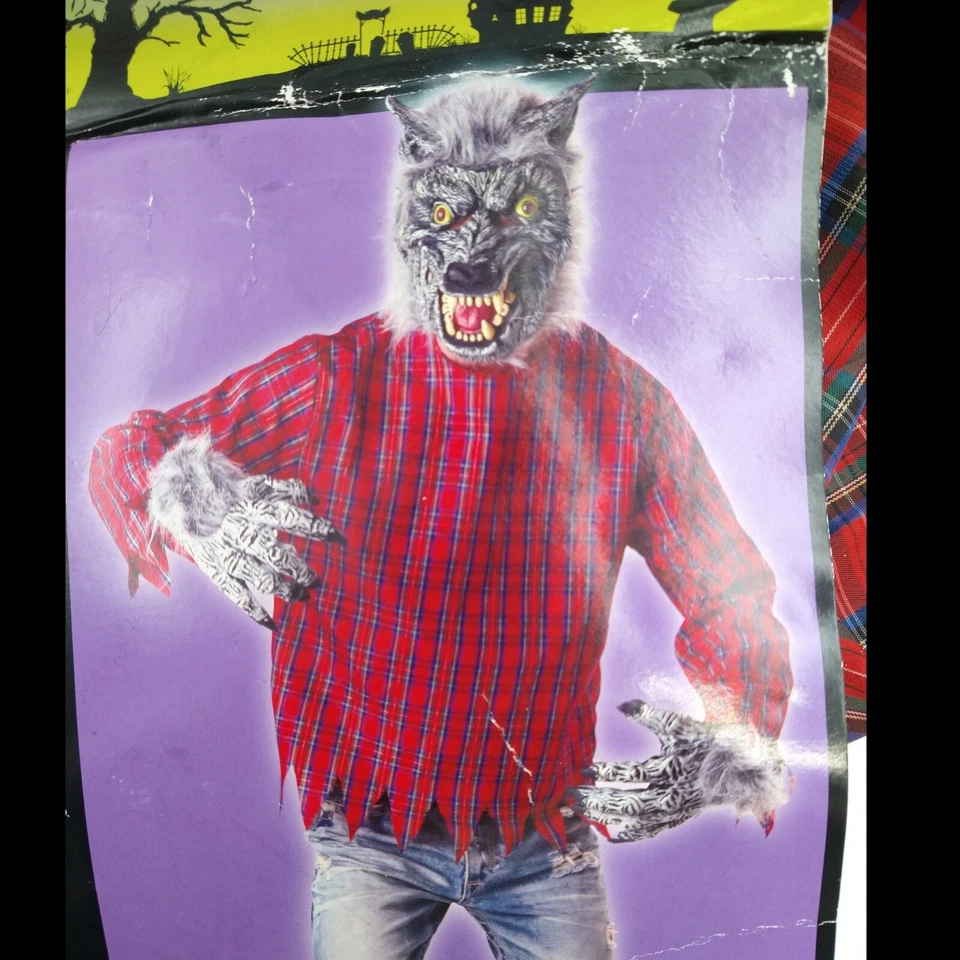 Halloween Werewolf Costume Adult L Grey Wolf Mask Fur Plaid Shirt Gloves Scary  - Image 4 of 4