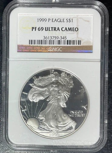 1999-P SILVER EAGLE NGC PF 69 ULTRA CAMEO CLASSIC BROWN LABEL