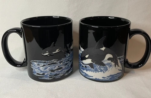 2 Vtg Otagiri Japan Mugs Orca Killer Whale Ocean Waves, Black Blue White, 12 oz