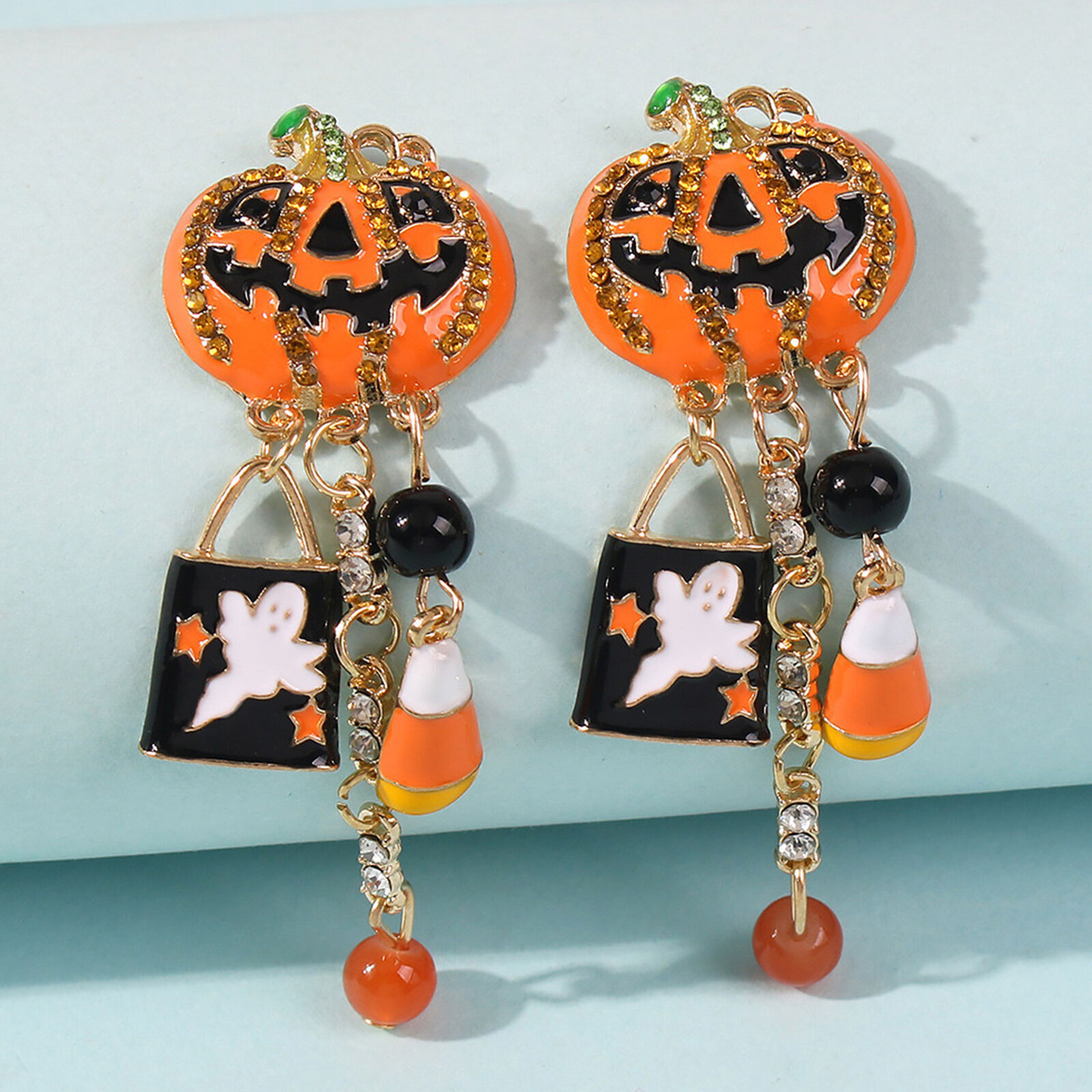 Halloween pumpkin rhinestone drop dangle earrings US-image