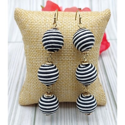 Long Black White Striped Drop Dangle Ball Earrings Hook Clasp Statement  Inch