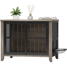 31.4'' Dog Crate Furniture Wooden Dog Kennel with Adjustable 360° Bowls Gray