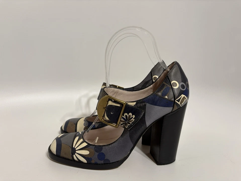 Tacones de cuero vintage Emilio Pucci azul estampado floral 35,5 Foto 2 de 4