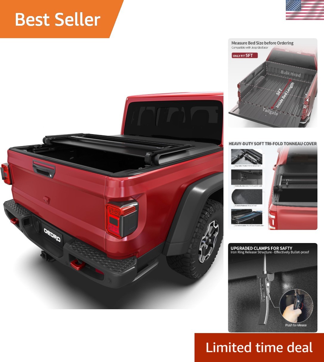 Secure Soft Tri-Fold Tonneau Cover for 2020-2026 Jeep Gladiator Trunk Protection