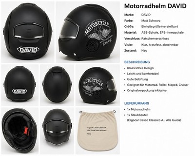 DAVID Motorradhelm Retro Jethelm Matt Schwarz mit Visier | Roller Moped Cruiser