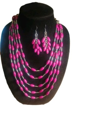 Necklace & Earrings Multiple Strand Purple Beads W/ Matching Pierced Dangle 21''