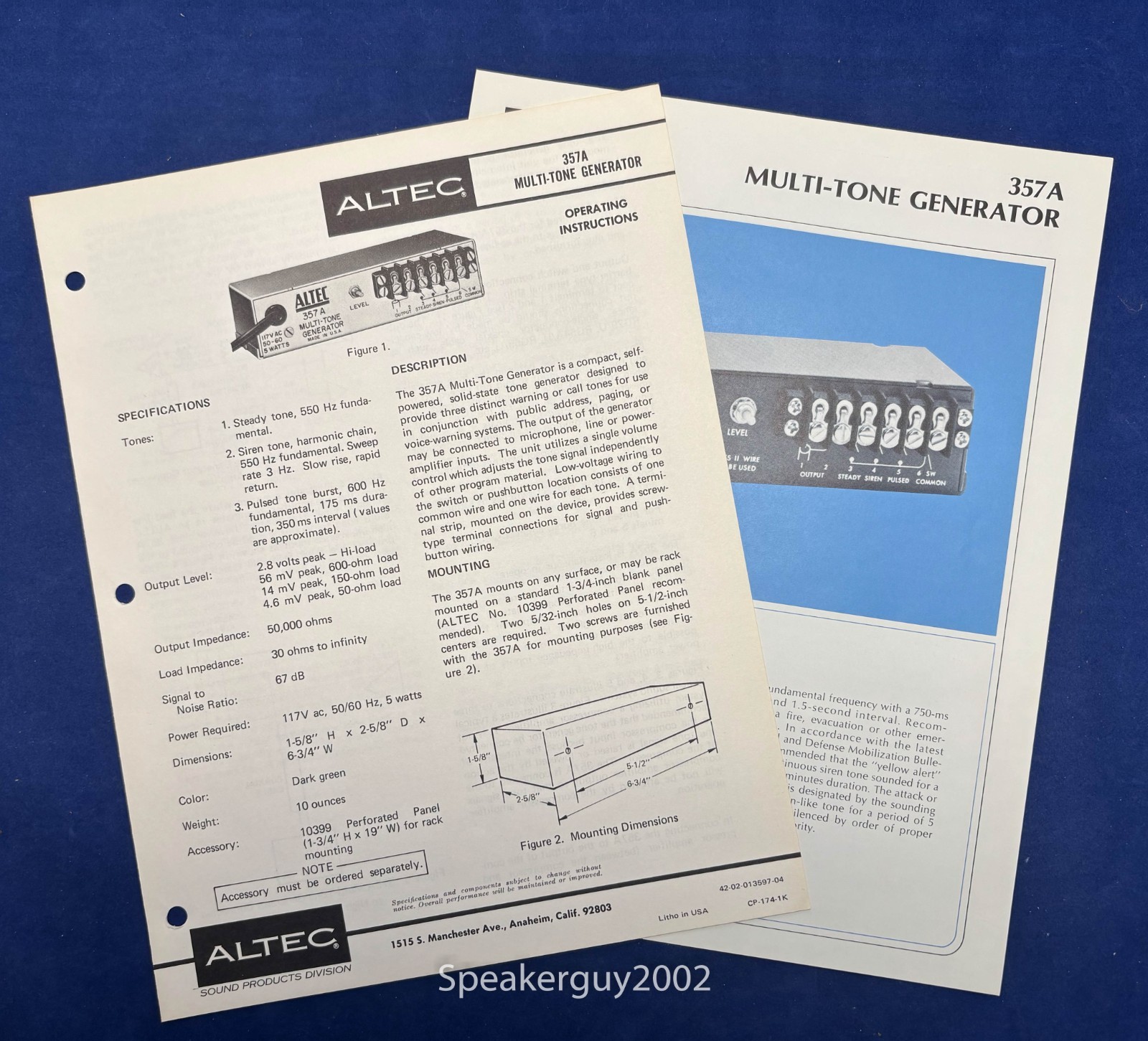 Vintage Altec Operating Instructions & Spec Sheet / 357A Multi-Tone Generator