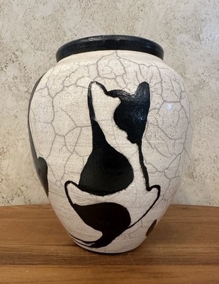 Vintage 2000 Studio Pottery Raku Vase Cats Silhouette Crackle Glaze GGR