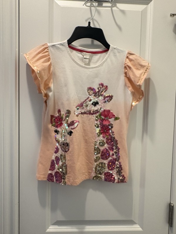 Monsoon Girls 11-12 Yrs White/Peach Cotton Crew Neck Sequin Giraffe Tee
