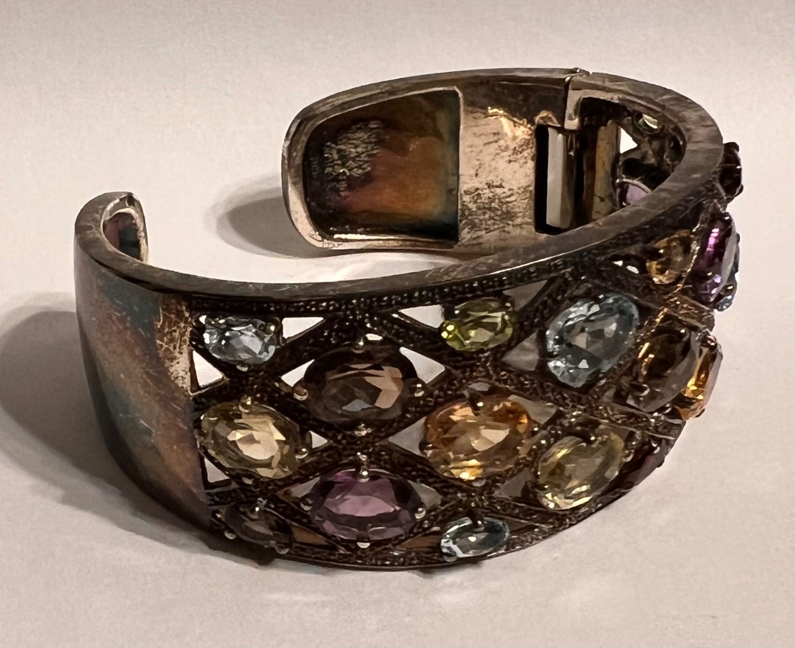 STERLING Multi-Gem Stone Hinged Cuff Bracelet - image 2