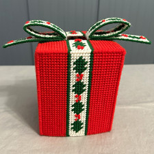 Handmade VTG Christmas Gift Box Plastic Canvas Tissue Cover Holly Berry Bow