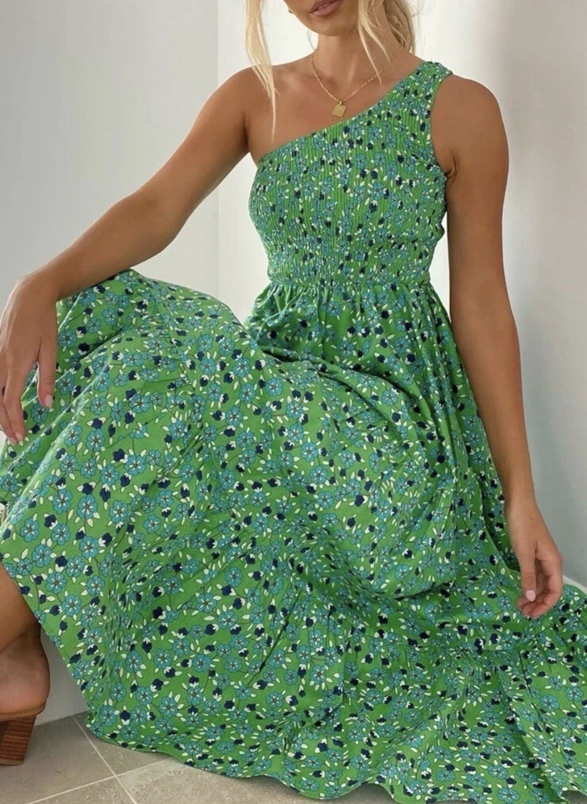 Zesica Green Boho One Shoulder Maxi Dress Sleeveless Tiered Ruffle Beach Medium