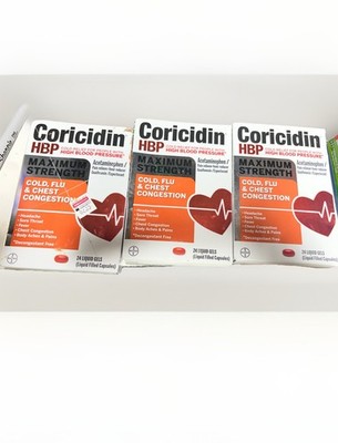 3PK Coricidin HBP Maximum Strength Cold Flu Chest 24 Liquid gel caplets 6/30/26