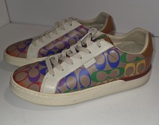 Coach Lowline Sneaker Woman Size 9.5B Tan Rainbow Signature Canvas