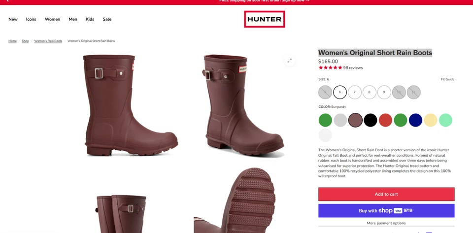 Botas de lluvia cortas originales Hunter para mujer - Borgoña Foto 2 de 4