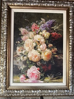 Vtg ''Still Life With Roses'' by Jean-Baptiste Robie Print Solid Wood Ornate Frame