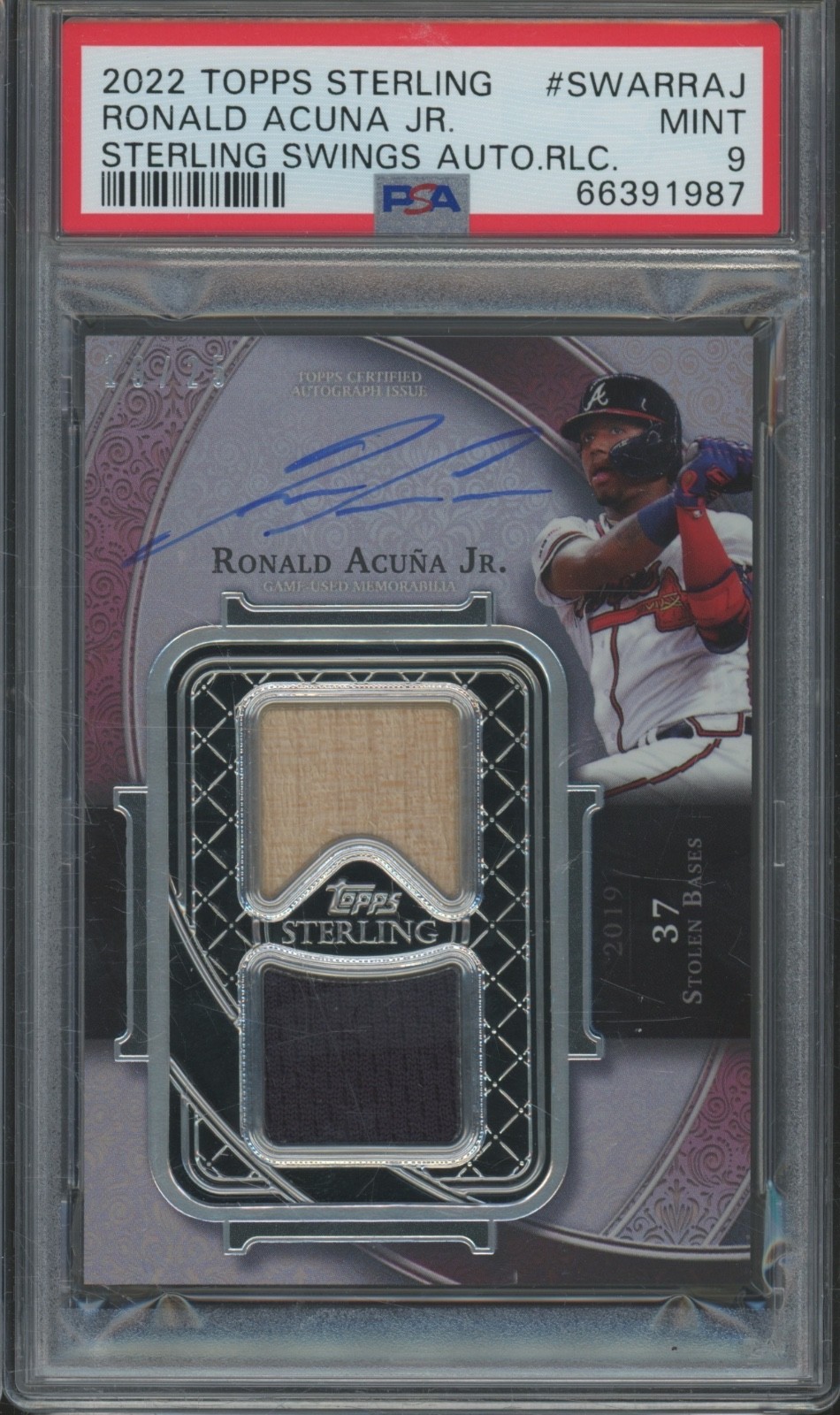 2022 Topps Sterling Swings Ronald Acuna Jr. 19/25 Jersey Bat Auto Mint PSA 9