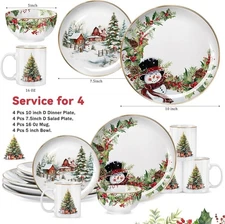 16 Pcs Christmas Tree Dinnerware Set for 4 Holiday Dishes Snowman Dinner Plat...