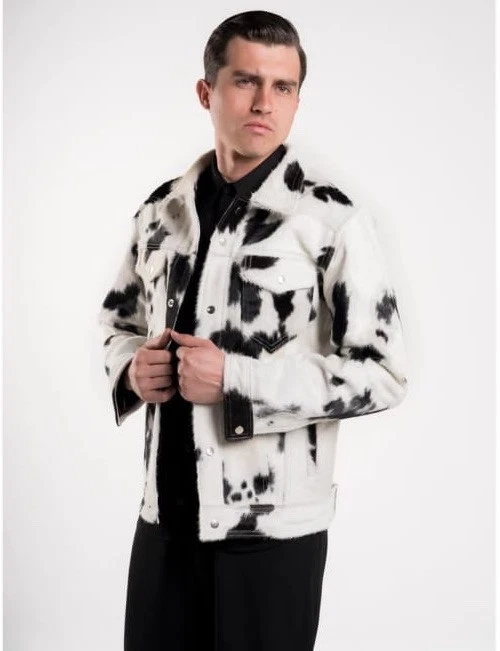 Men’s Cow Hair Trucker Jacket Black & White Warm Fur Denim Coat Western Style