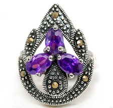 1CT Amethyst  Swiss Marcasite 925 Sterling Silver Ring Sz 6,7,8,9 ZB7