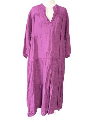 Sun & Fly Womens Linen Maxi Dress M Purple Tiered Swing Italy 3/4 Sleeve V Neck