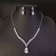 Wedding Bridal CZ Crystal Jewelry Set Zirconia Necklace Earrings Set