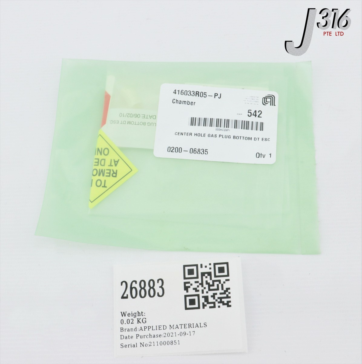Y 26883 APPLIED MATERIALS CENTER HOLE GAS PLUG BOTTOM DT ESC (NEW