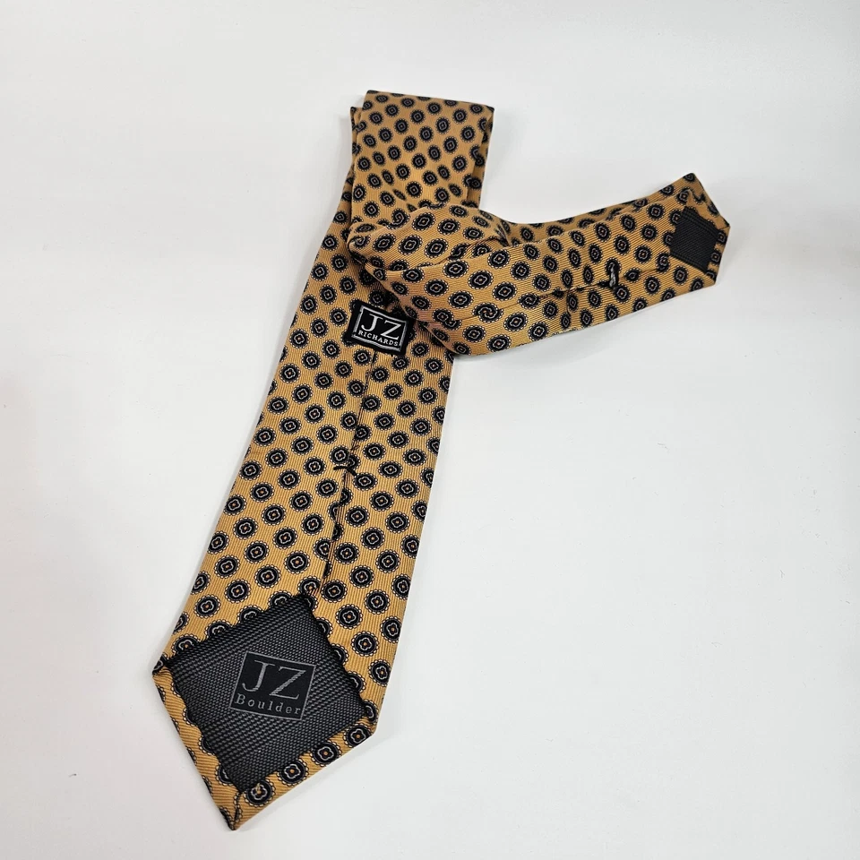 Corbata JZ Richards Seda Floral Medallón Marrón Dorado Gris Negro Seda EE. UU. Micro Rayas Foto 4 de 4