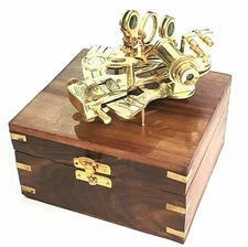 5" Antique Brass Polish Finish Navigation Nautical Marine Sextant W/ Wooden Box