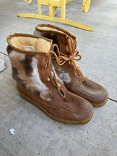QUODDY Moccasin Leather Faux Fur Winter Native Boots Size 8 Sherpa Lined USA -LN