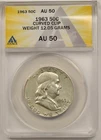 1963 50C ANACS AU 50 (Curved Clip Weight 12.05 grams) Franklin Half Dollar
