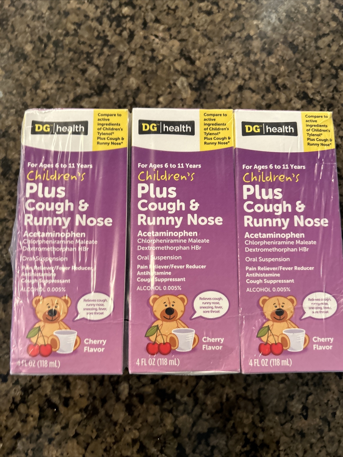 3Childrens Plus Cough & Runny Nose Acetaminophen Cherry Lot of 3 4oz