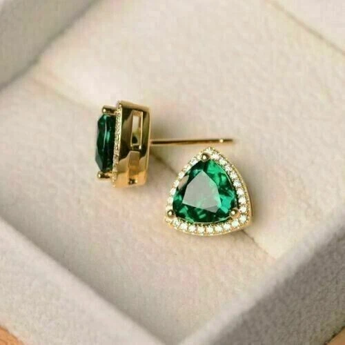 Diamante esmeralda creado en laboratorio corte billón de 2 quilates enchapado en oro amarillo de 14 quilates Foto 4 de 4