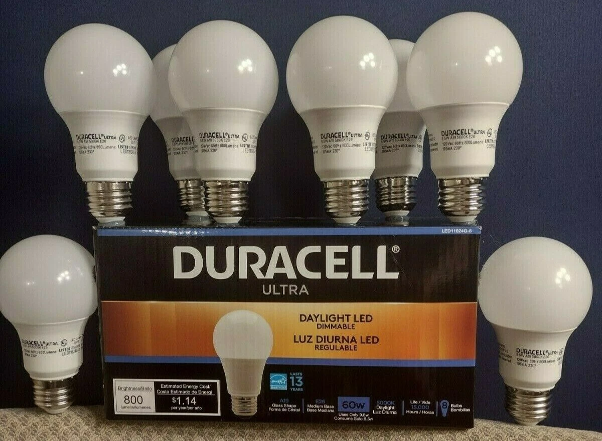 LED Light Bulbs Duracell 60 Watt Equivalent Daylight 5000K Dimmable A19 8 Pack