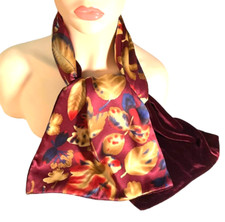 Red Burgundy Velour Scarf Double Sided Reversable Autumn Leaves Acorns 48x10"
