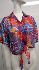 90s Crop Style Short Sheer Shirt Unisex Purple Floral Rayon Tie Front GAY
