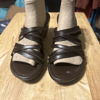 Predictions Brown Leather Slip On Slides 3'' Wedge Heels Made In Brazil Size 7