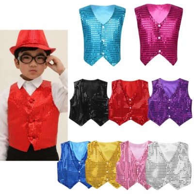 Unisex Sequins Waistcoat Vest Jazz Dance Party Show Costume for Kids Boys Girls