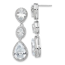 Sterling Silver Three Teardrop Cubic Zirconia Halo Post Drop Dangle Earrings